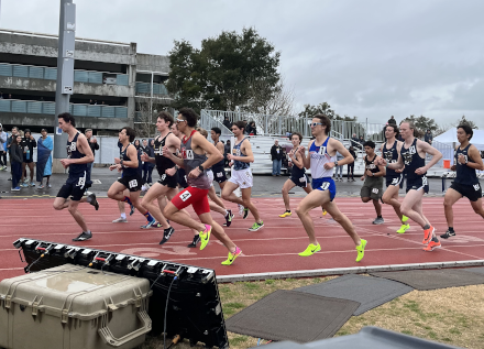 Start of the Men's Steeplechase, Aggie Open (March 2023)